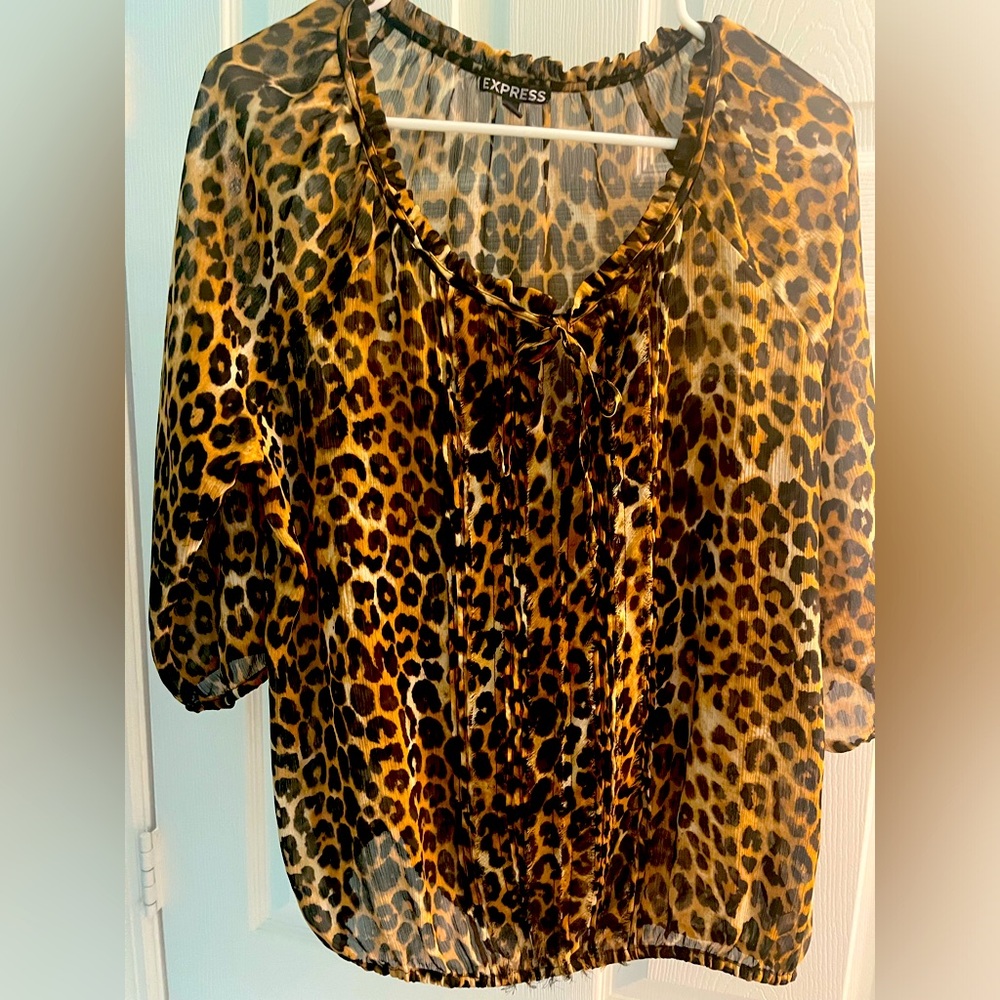Express Large Brown/Black Leopard Print blouse with tie neck